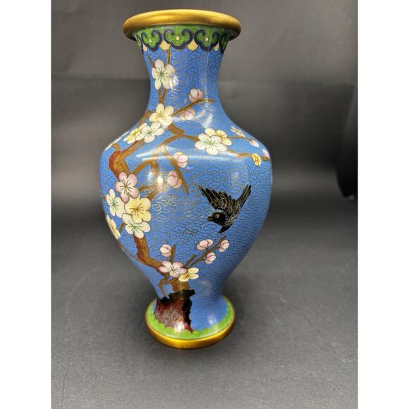 Vintage Chinese 8 1/4" BLUE CLOISONNE VASE Enamel Brass Cherry Blossom w/Bird - Picture 2 of 16